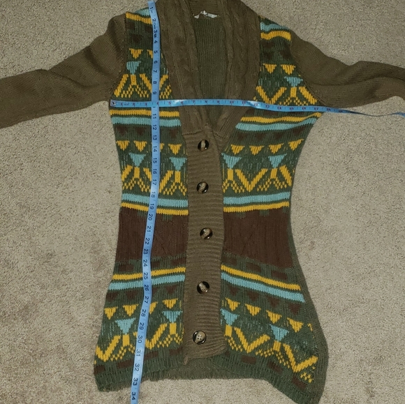BKE Sweater Womens Large Green Brown Yellow Aztec Cardigan Button Up Buckle m - Picture 6 of 8